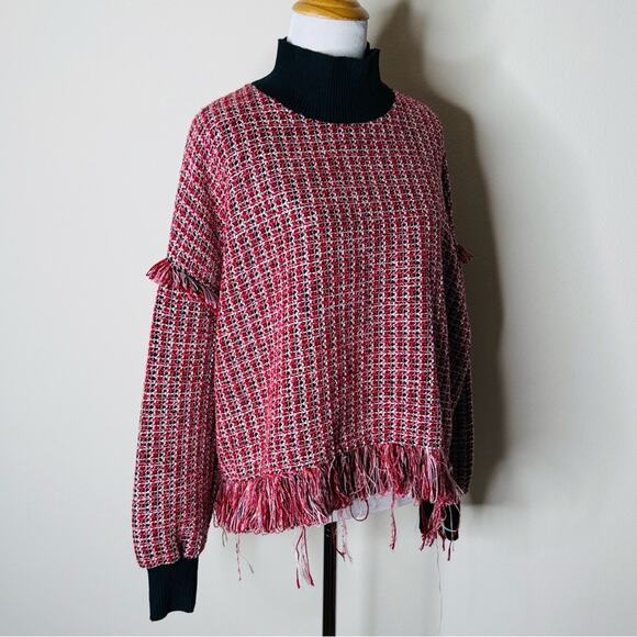 Zara Red Fringe Trim Tweed Sweater - Picture 3 of 7